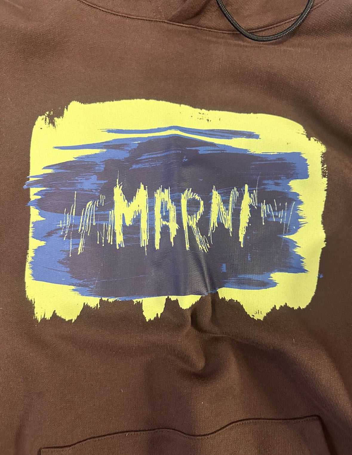 Brown Marni Scribble Logo Hoodie, pre-owned, large size, featuring a relaxed fit and signature graphic design.