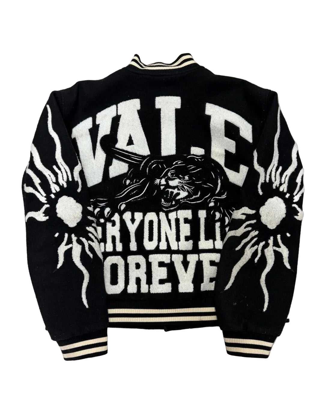 Vale Everyone Lives Forever Black Varsity Jacket Pre Owned XL - The Valley Closet