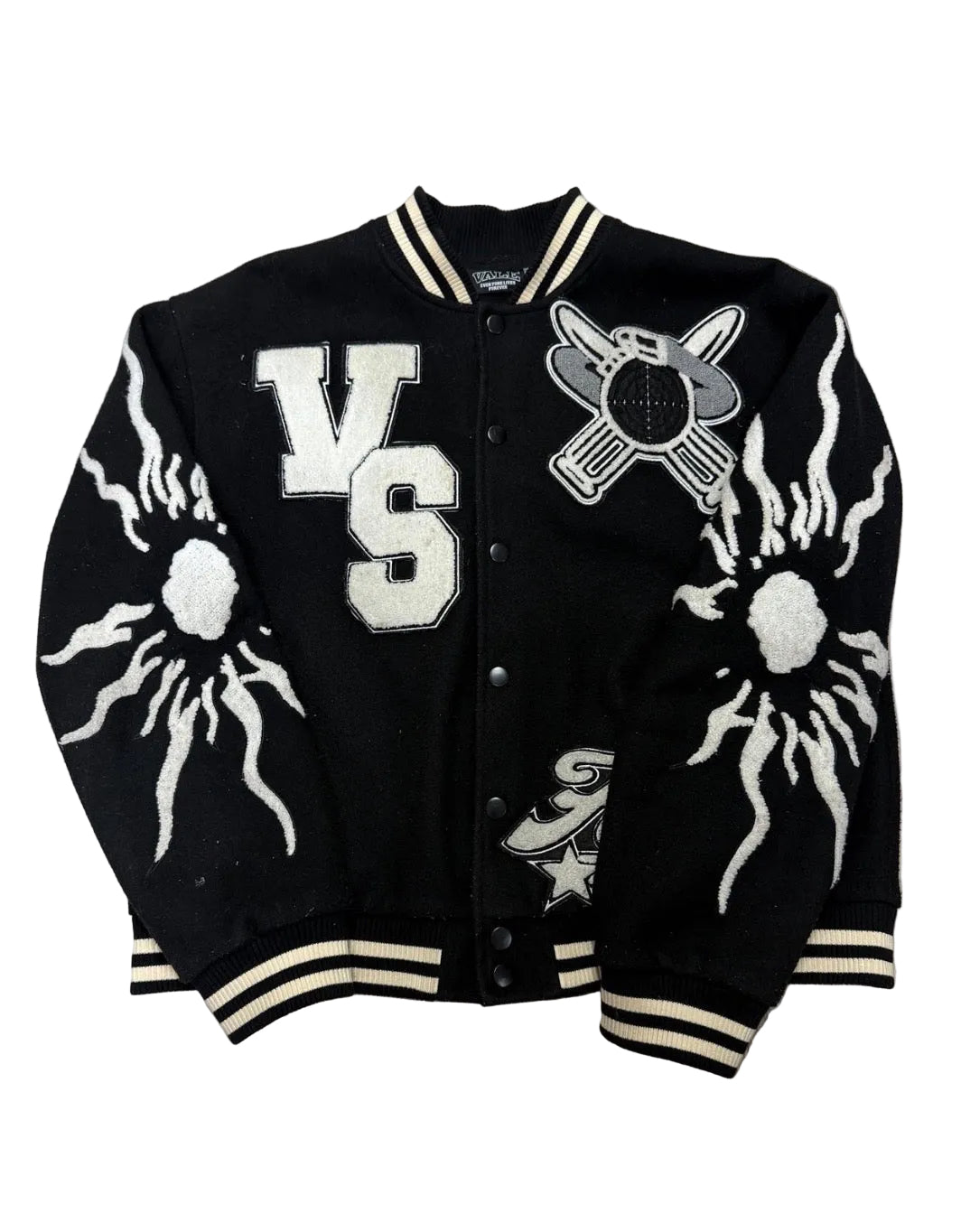 Vale Everyone Lives Forever Black Varsity Jacket Pre Owned XL - The Valley Closet
