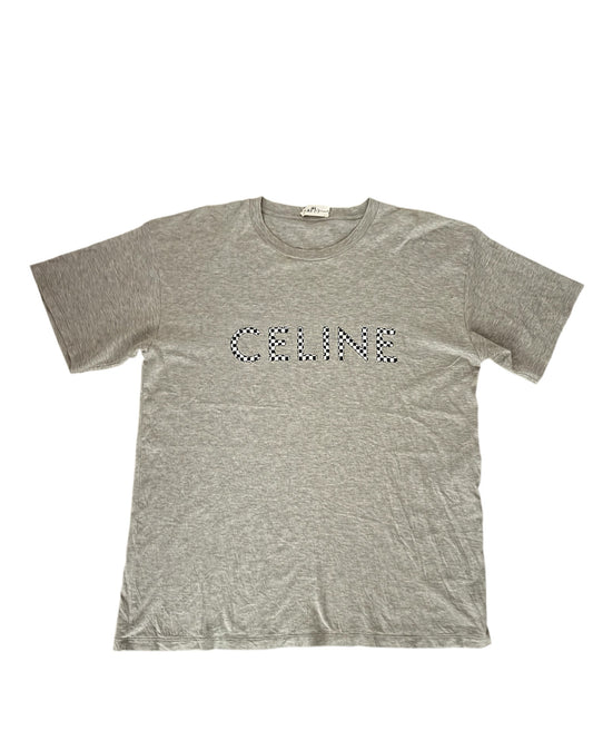 Celine Studded checkerboard logo T shirt Pre Owned grey - The Valley Closet