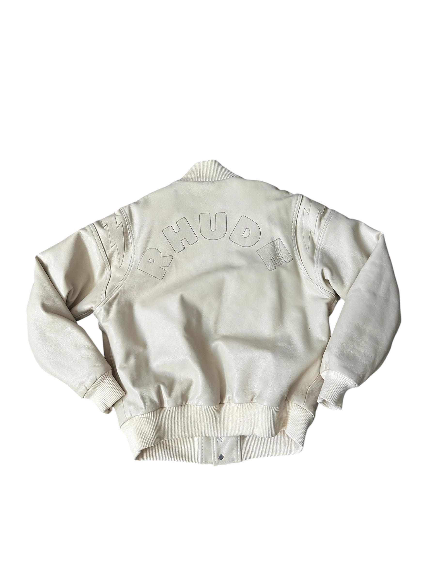 Rhude Speedster Cream Leather Bomber Pre Owned Size Medium - The Valley Closet