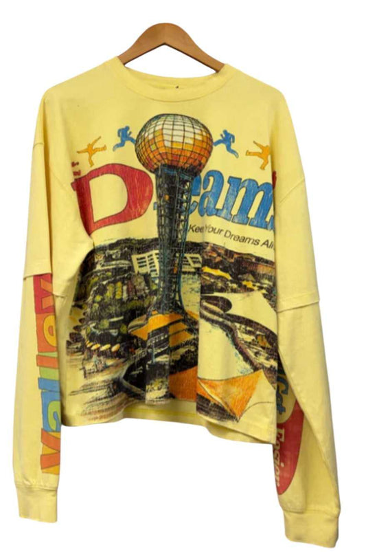 Yellow Dream Long Sleeve T-shirt with cityscape and hot air balloon print