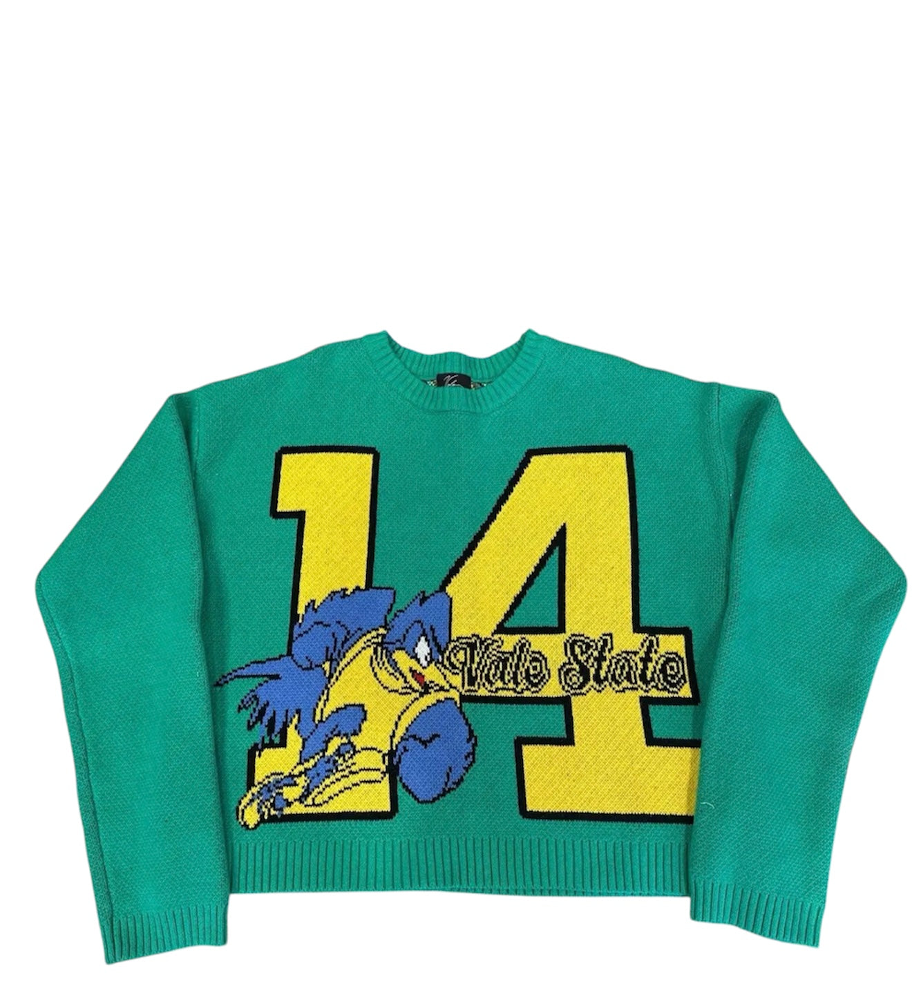 Pre-owned large Vale State knit sweater by The Valley Closet, soft fabric with a cozy, casual fit and detailed knit pattern.