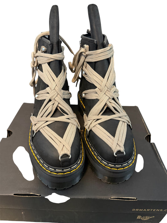 Black Rick Owens x Dr. Martens 1460 Megalace Boot with quad sole, size 10, featuring smooth leather and distinctive design details.